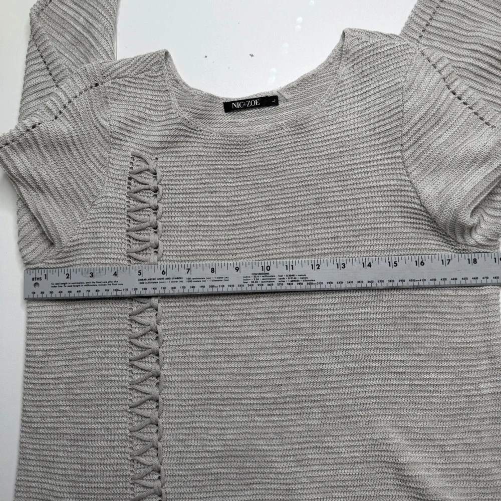 NWT NIC+ZOE Sweater Women L Gray Cotton Linen Lace Up Open Knit Pullover